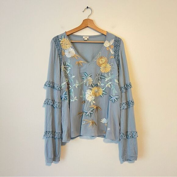 Anthropologie Tiny Frances Floral Long Sleeve Ruffle Blouse Blue Motif Size Larg - Picture 3 of 8